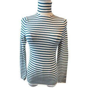 ZARA Medium Striped Teal/Ivory Turtleneck Long Sleeve Sweater